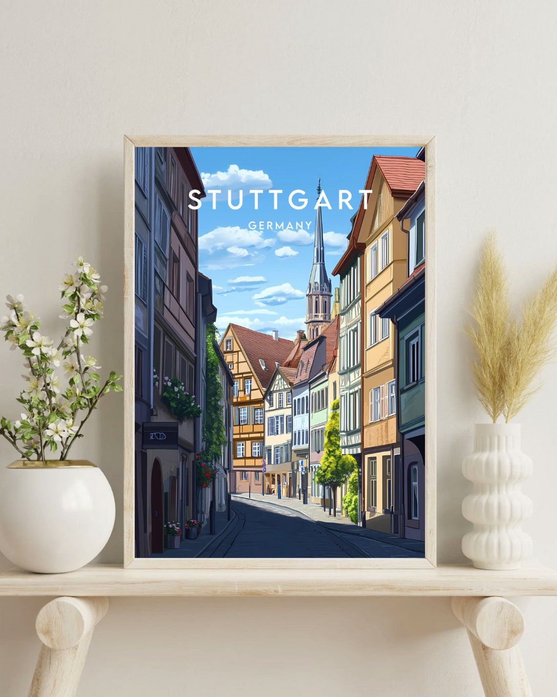 Stuttgart Germany Old Town Street Church Spire Travel Poster - Image 4