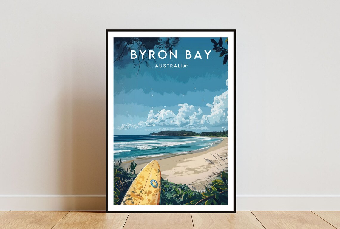 Byron Bay Australia Surf Beach Yellow Surfboard Vintage Travel Poster
