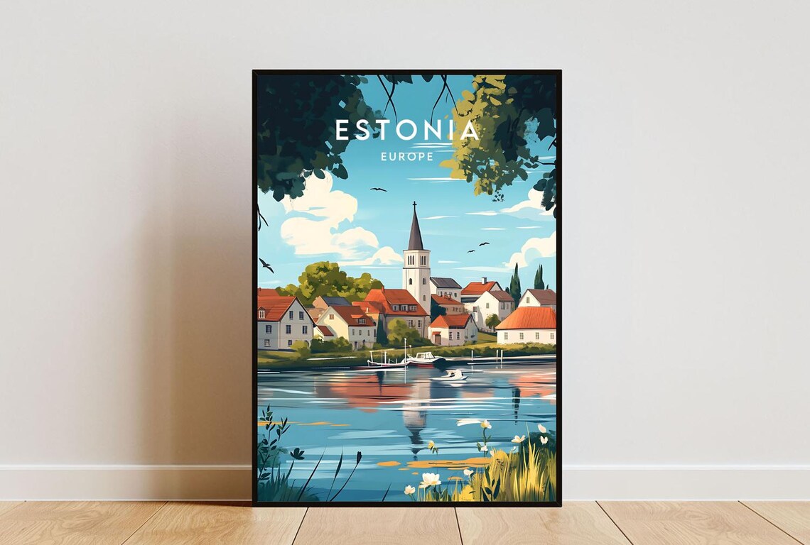 Estonia Europe Lakeside Town Church Spire Boats Travel Poster