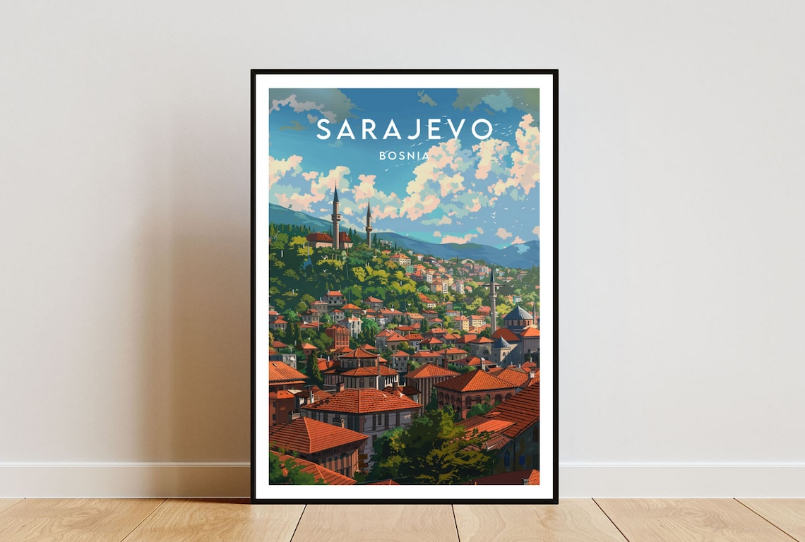 Sarajevo Bosnia Red Rooftops Minarets City View Travel Poster