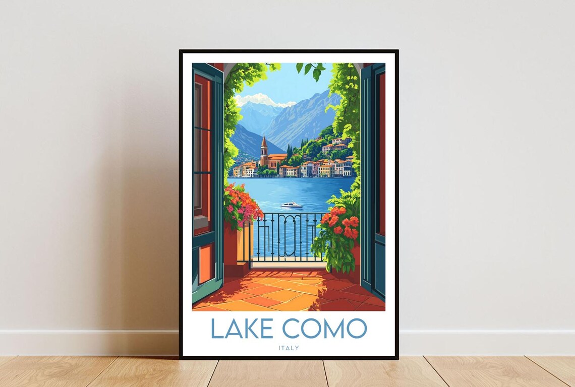 Lake Como Italy Balcony View Lakeside Villa Town Travel Poster