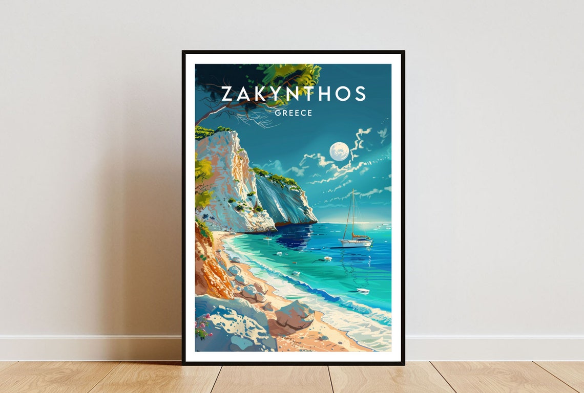 Zakynthos Greece Moonlit Cliffs Sandy Beach Sailboat Scenic Poster