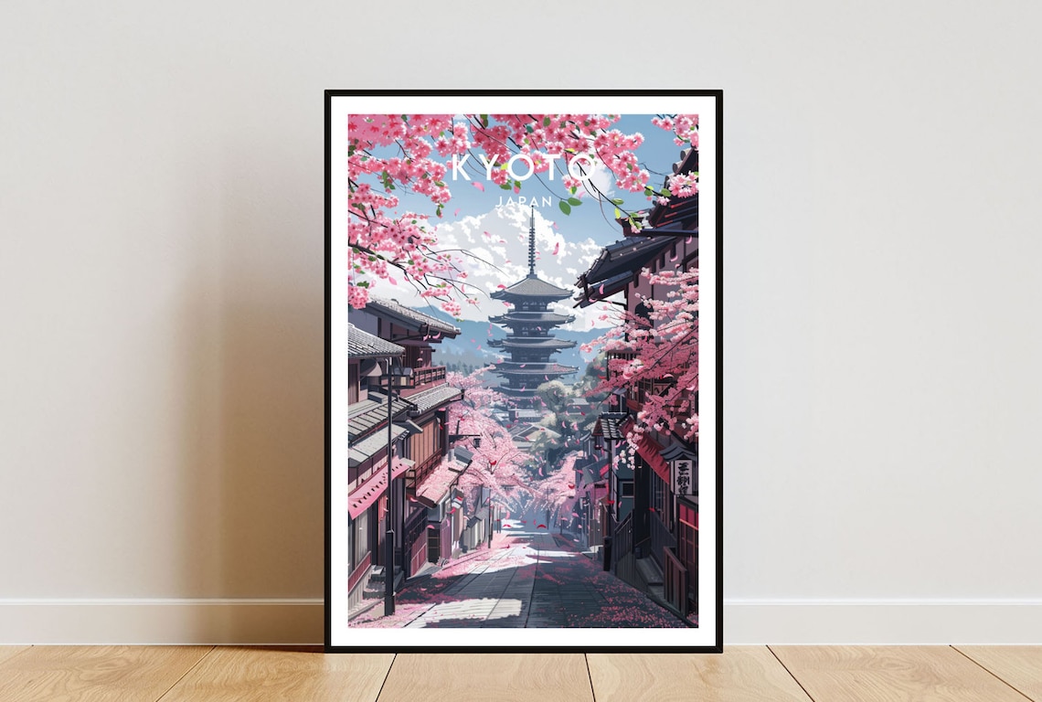 Kyoto Travel Poster, Japan Temple and Blossom Trees