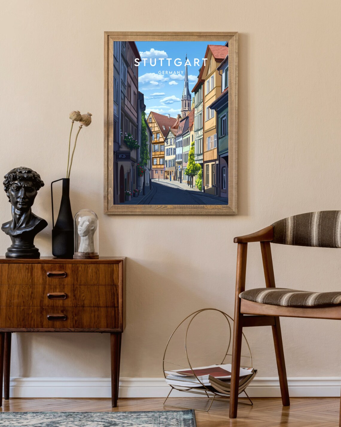 Stuttgart Germany Old Town Street Church Spire Travel Poster - Image 2