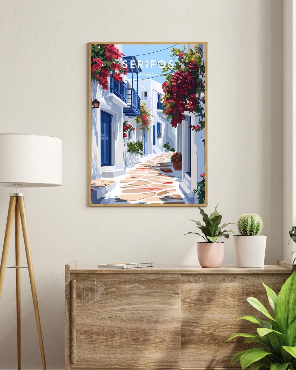 Serifos Greece White Blue Alley Red Bougainvillea Travel Poster - Image 3
