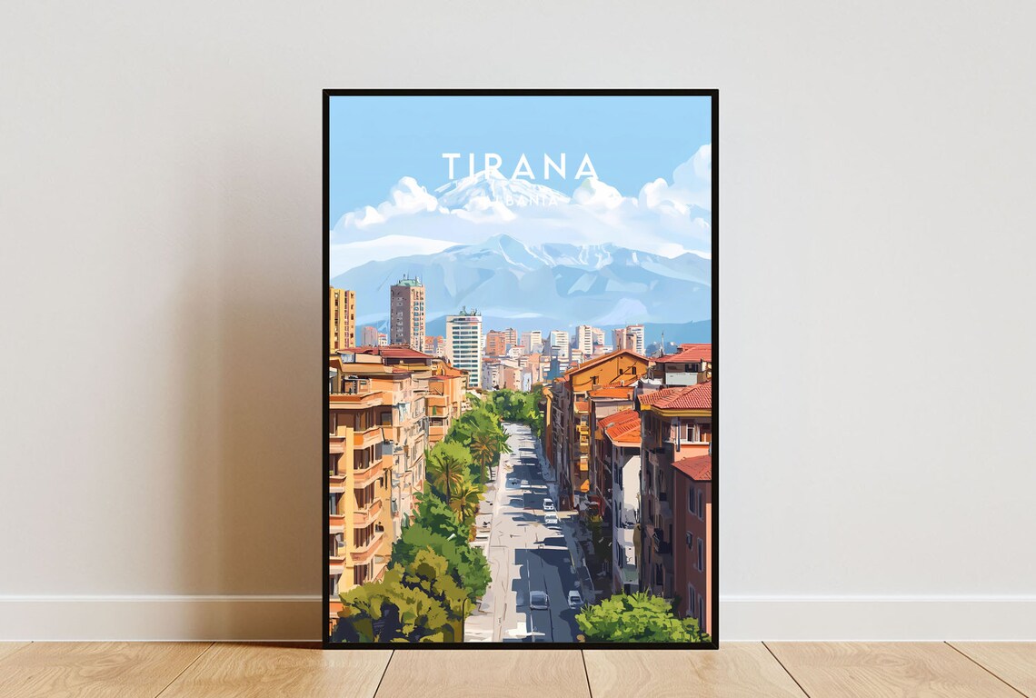 Tirana Albania Snowy Mountain Cityscape Vintage Travel Poster