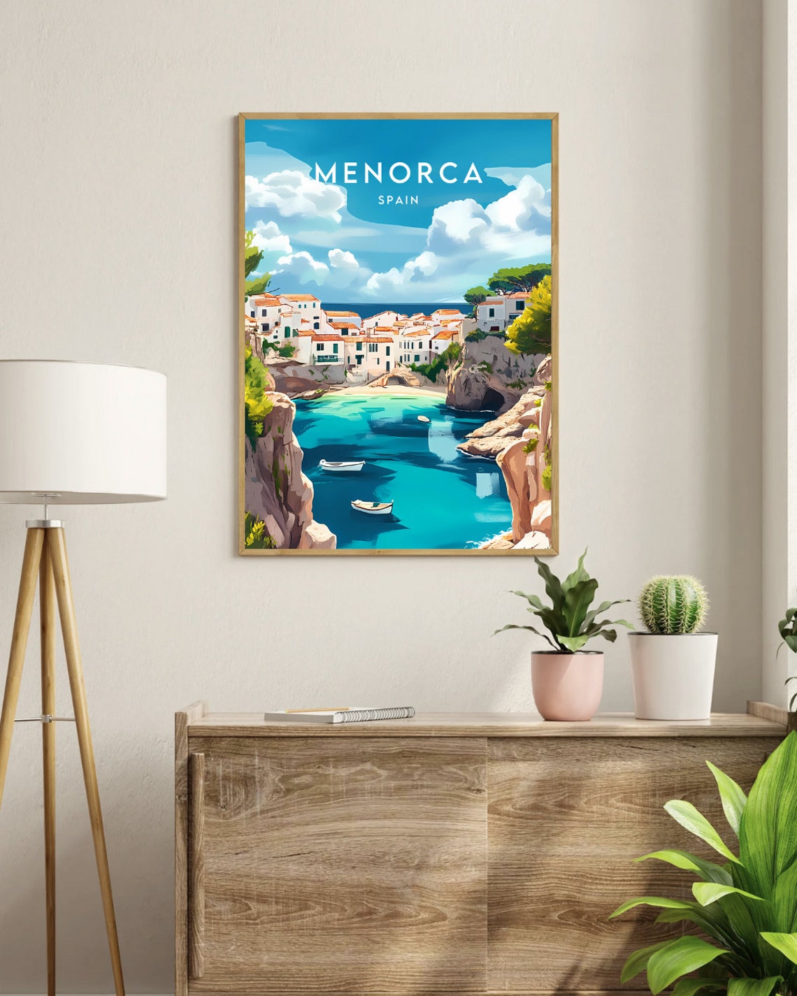 Menorca Spain Turquoise Cove White Village Travel Art Poster - Image 3