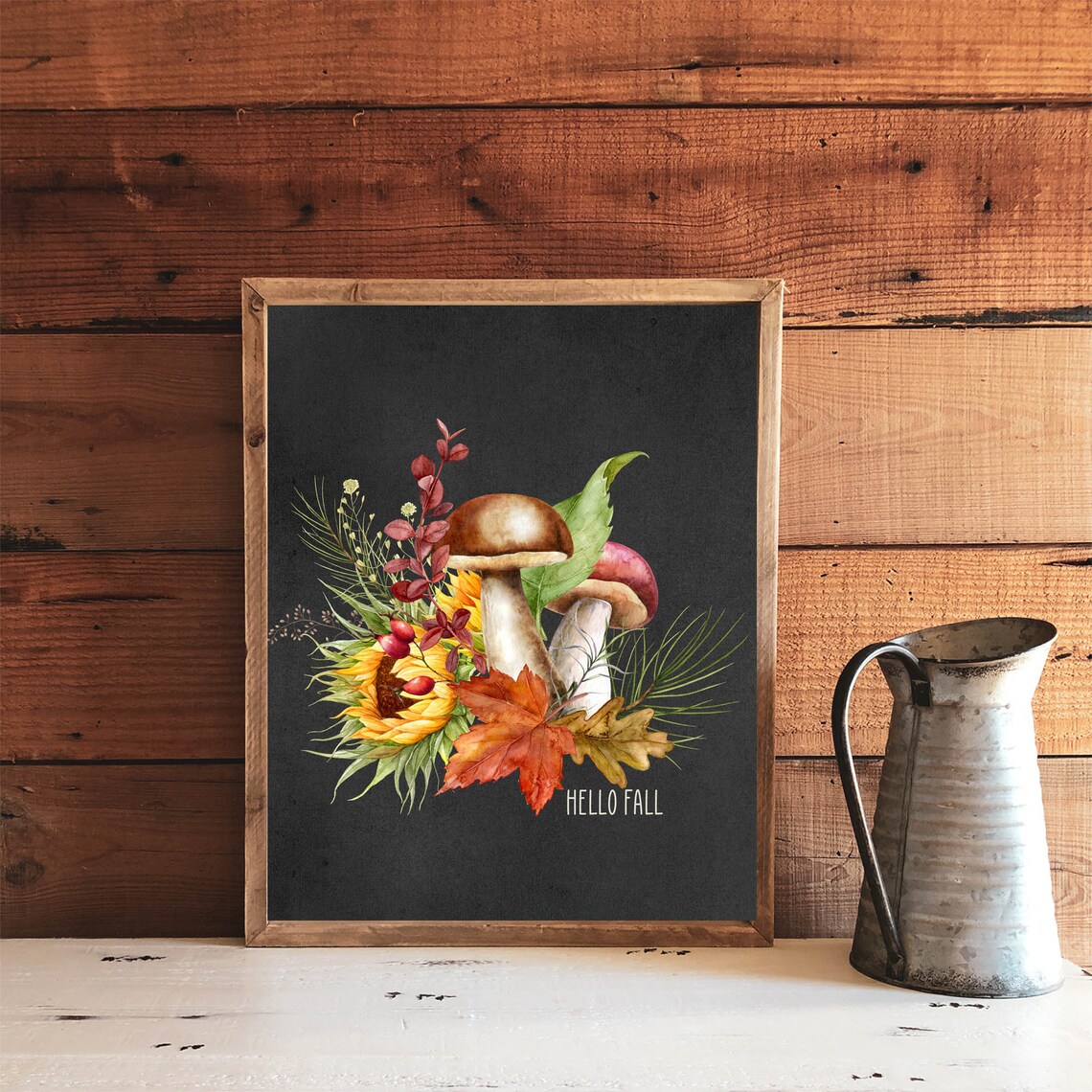 Hello Fall Chalkboard Mushroom Sunflower Woodland Autumn Poster - Image 2