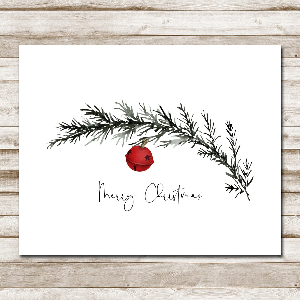 Merry Christmas Evergreen Branch Red Jingle Bell Watercolor Poster - Image 4