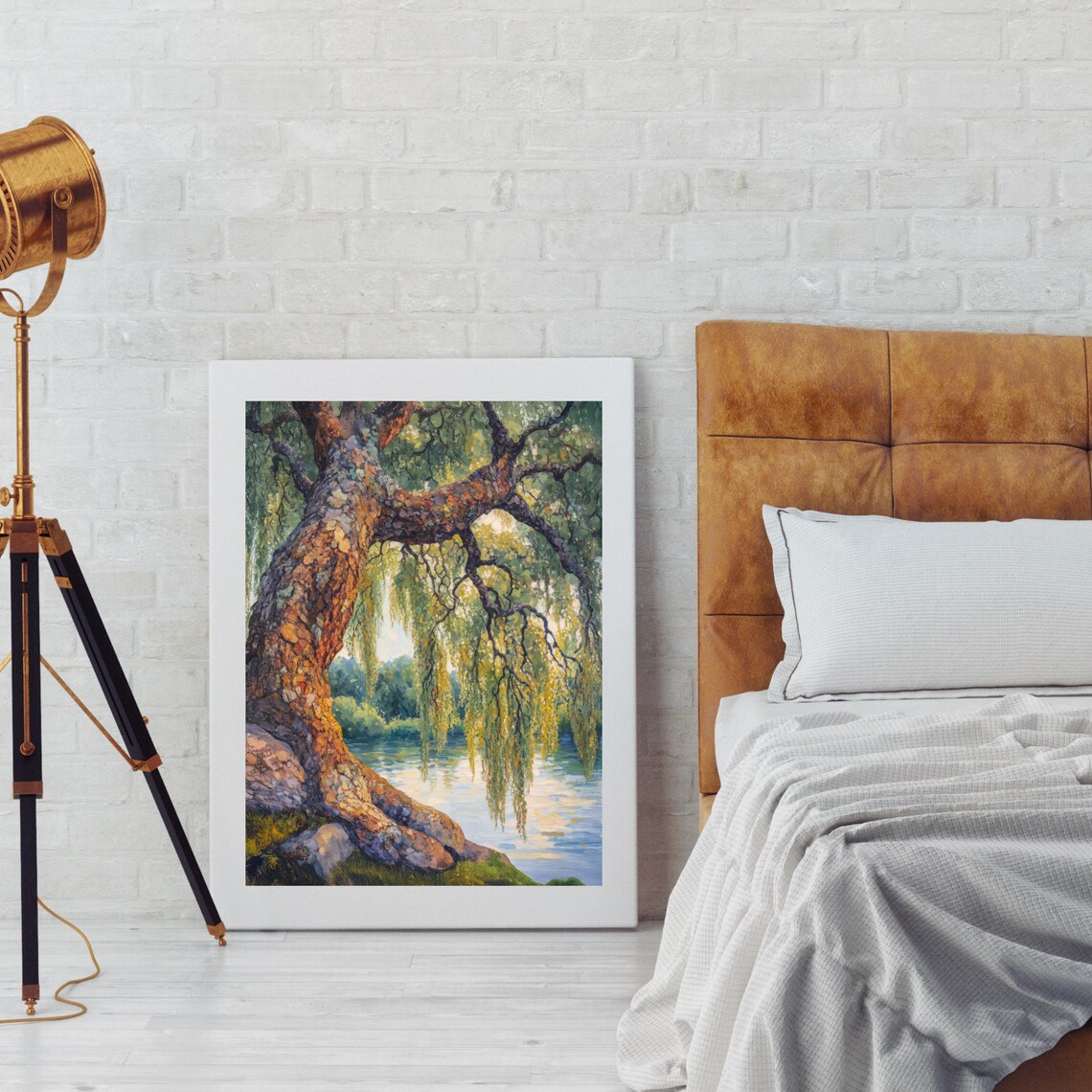 Weeping Willow Tree River Bank Golden Foliage Oil Painting Poster - Image 2