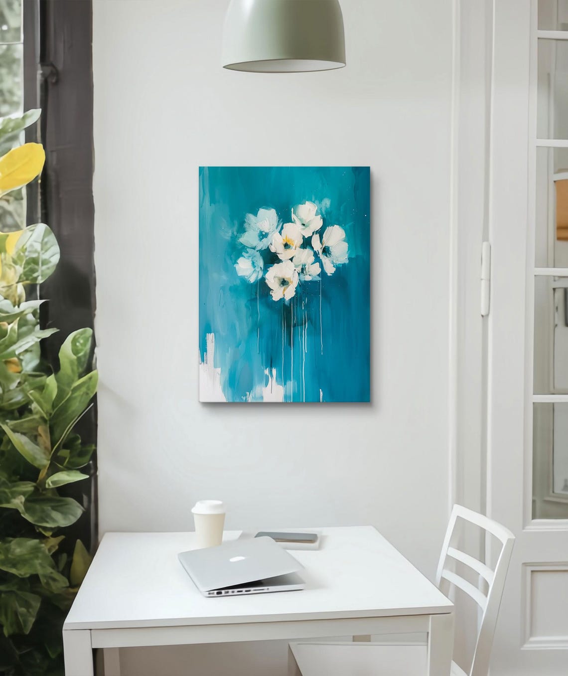 White Flowers On Teal Blue Abstract Background Elegant Floral Poster - Image 4