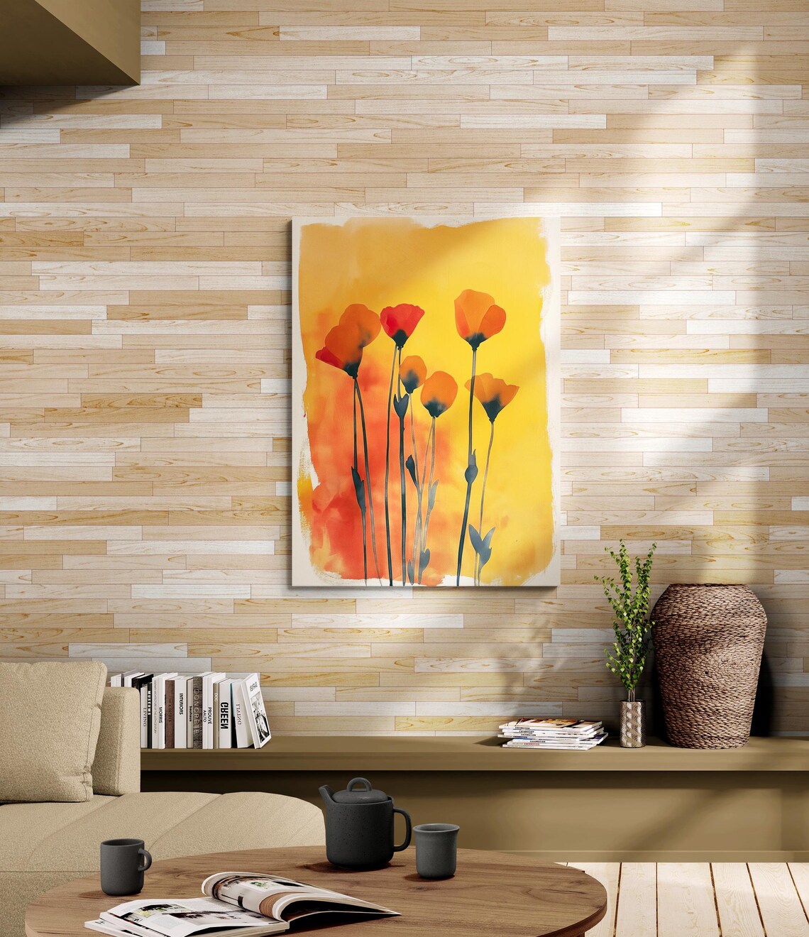Tall Orange Poppies on Golden Watercolor Wash Modern Floral Art Poster - Image 2