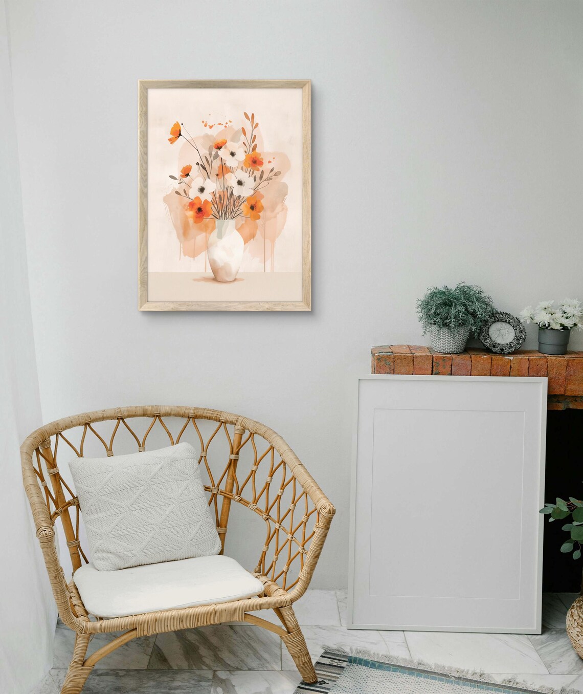 Neutral Watercolor Floral Still Life Orange White Blossoms Vase Poster - Image 4
