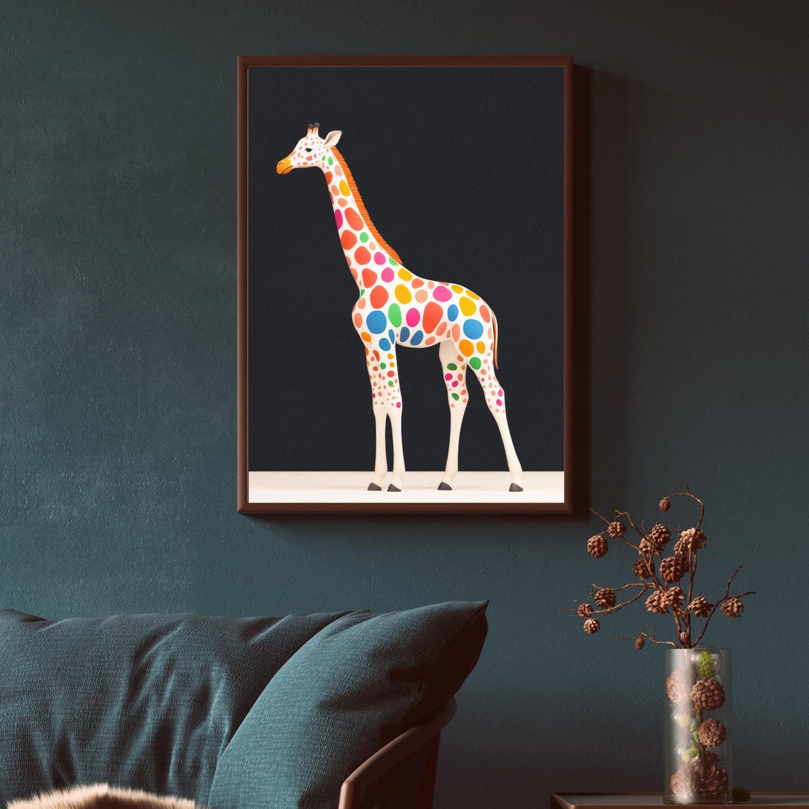 Colorful Polka Dot Giraffe Black Background Minimalist Safari Poster - Image 2