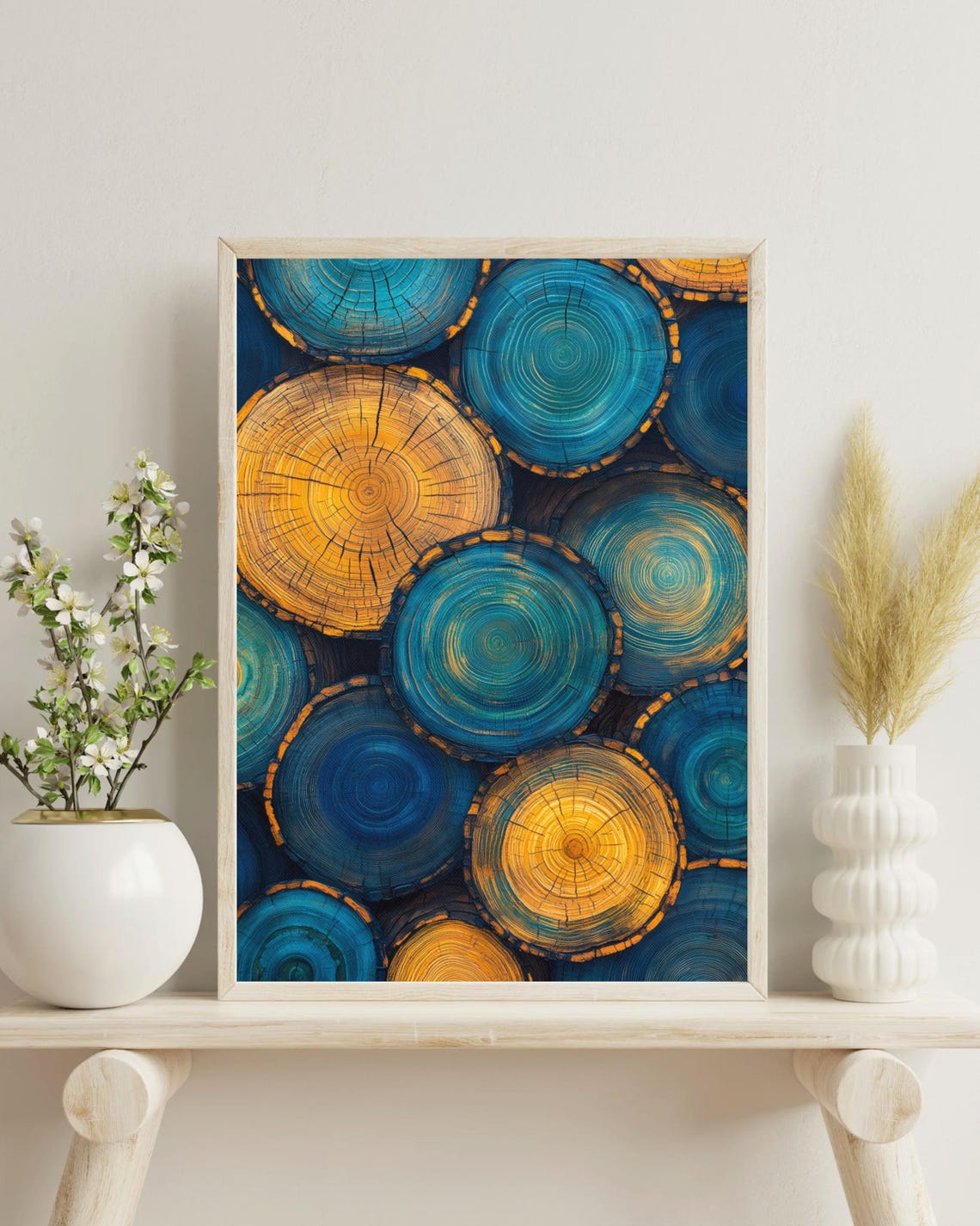 Teal Blue Gold Painted Log Cross Sections Tree Ring Rustic Poster - Image 2