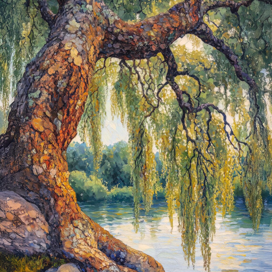 Weeping Willow Tree River Bank Golden Foliage Oil Painting Poster