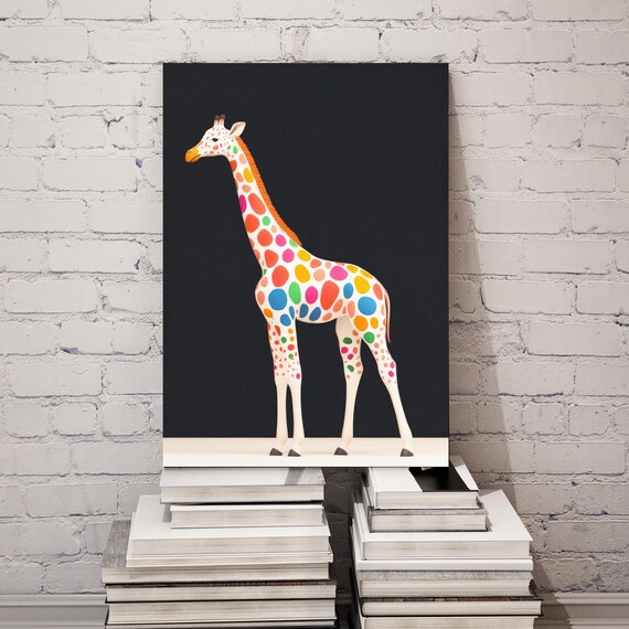 Colorful Polka Dot Giraffe Black Background Minimalist Safari Poster