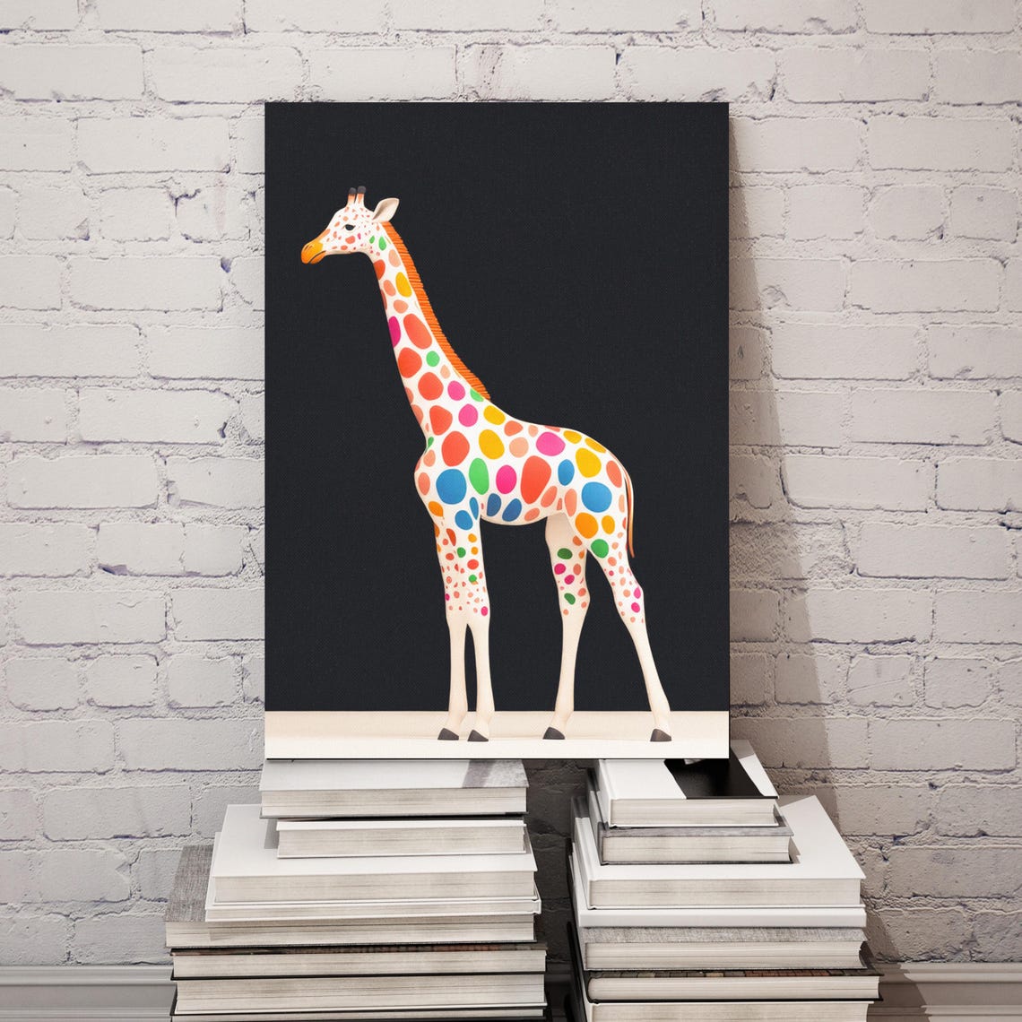 Colorful Polka Dot Giraffe Black Background Minimalist Safari Poster