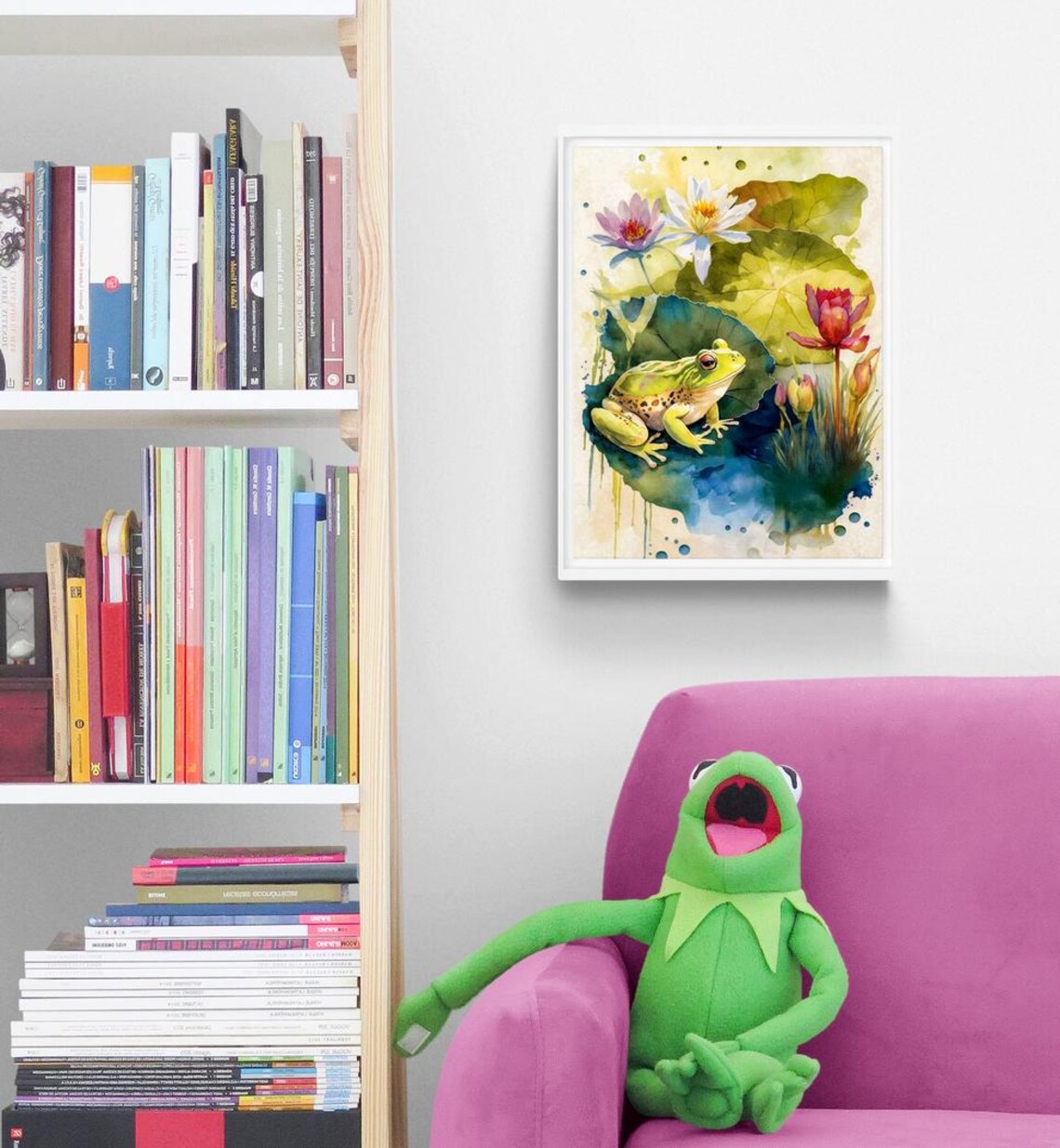 Cute Green Frog on Lily Pad With Water Lilies Watercolor Animal Art Poster - Image 3