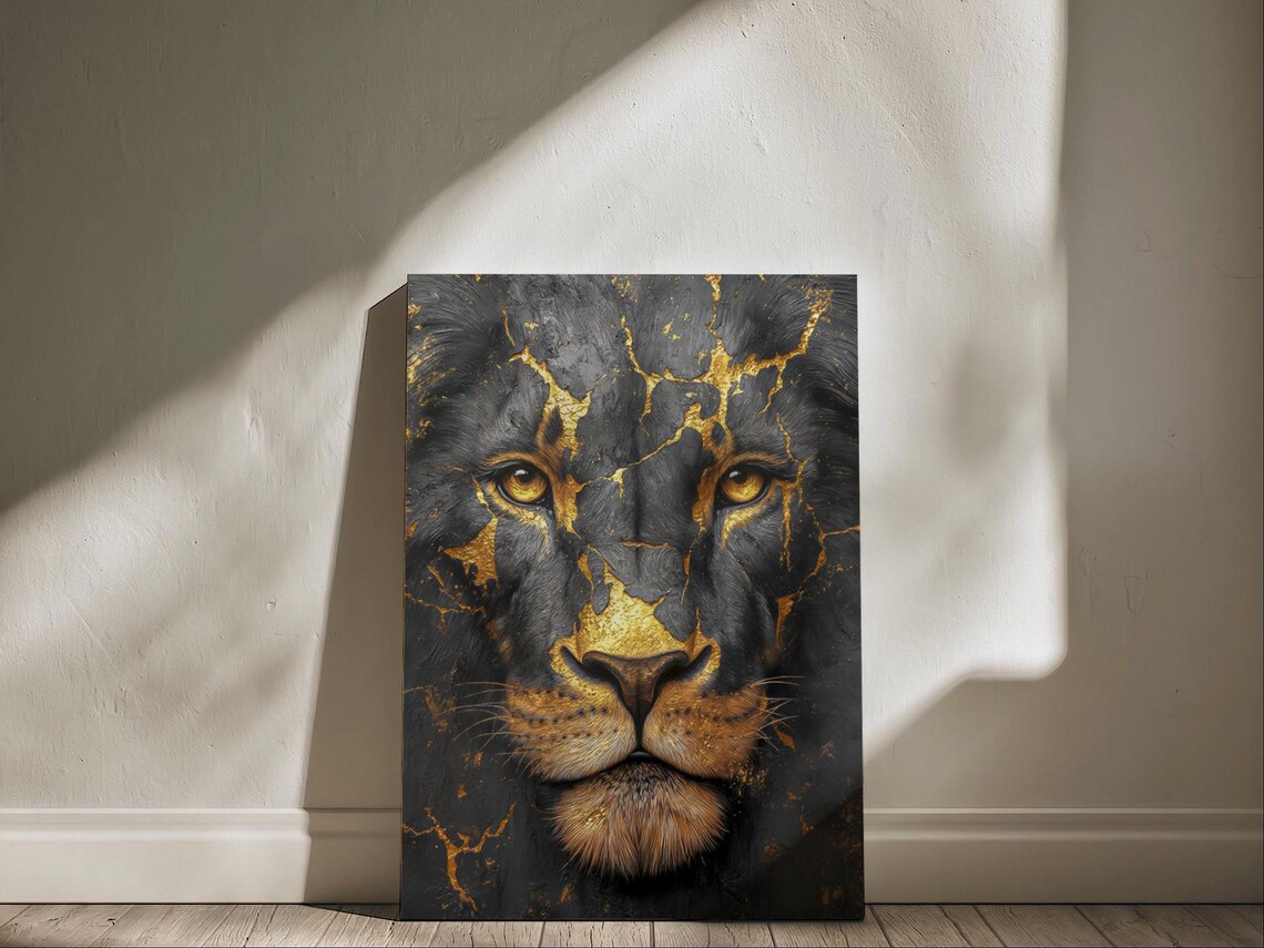 Majestic Black Lion With Golden Kintsugi Cracks Luxury Animal Wall Art Poster