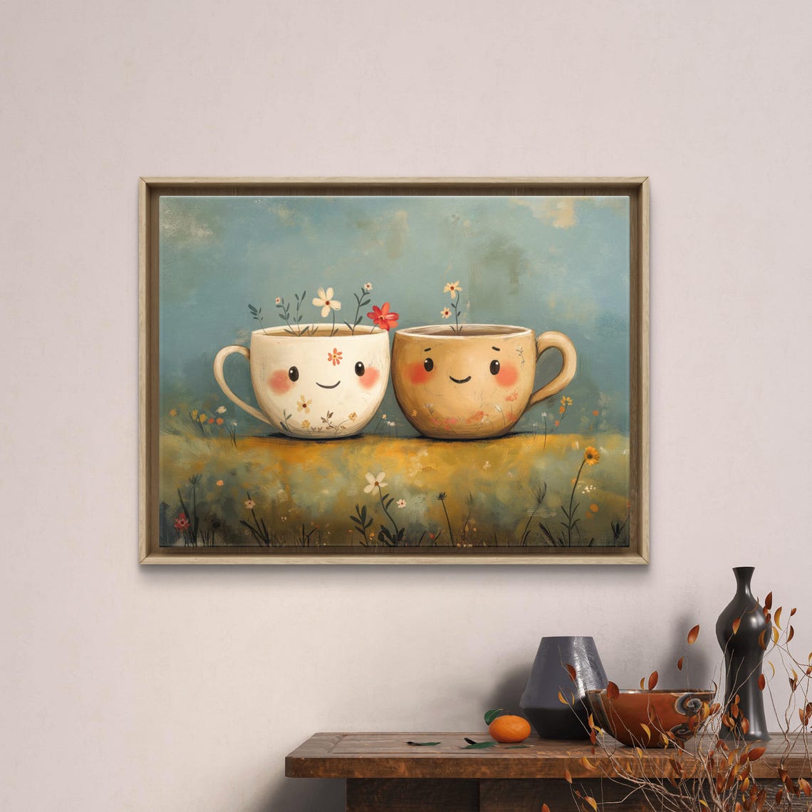 Cute Smiling Coffee Cups Flowers Folk Art Kitchen Cozy Wall Poster - Image 2