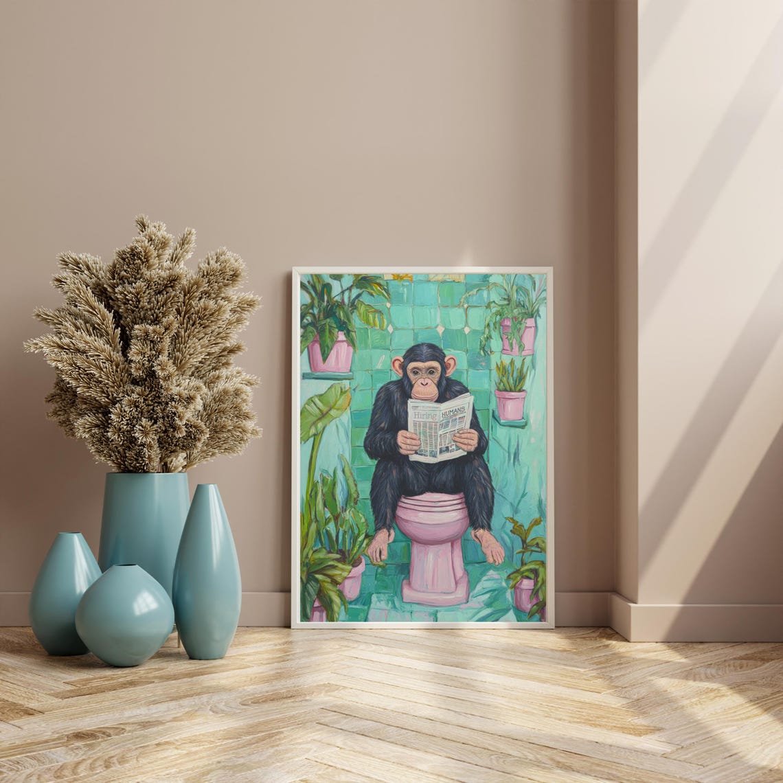 Chimpanzee Reading Newspaper on Toilet Funny Bathroom Animal Poster - Image 3