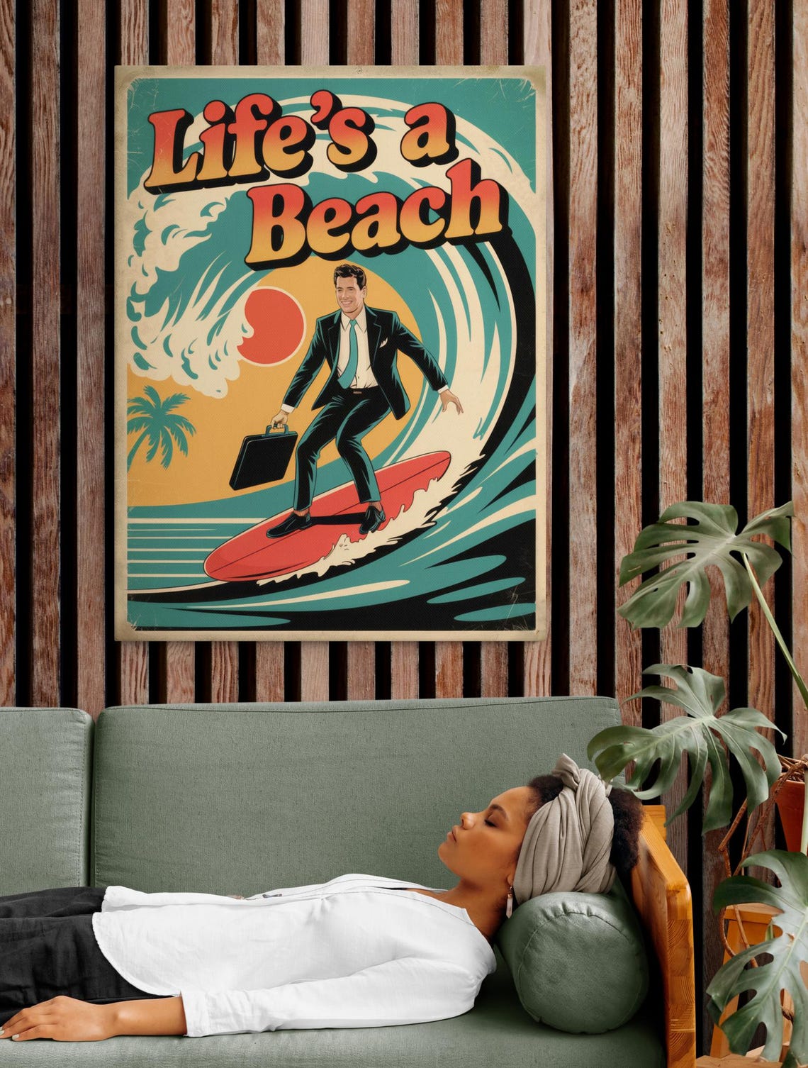 Life's a Beach Retro Surf Scene Suit Surfing Wave Vintage Poster - Image 2