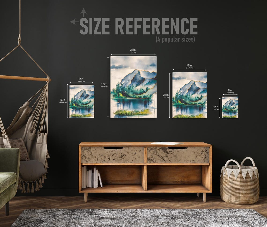 Watercolor Mountain Landscape Unframed Art With Peaceful Lake And Dripping Ink Effect For Nature Wall Decor Serene Wall Print - Image 5