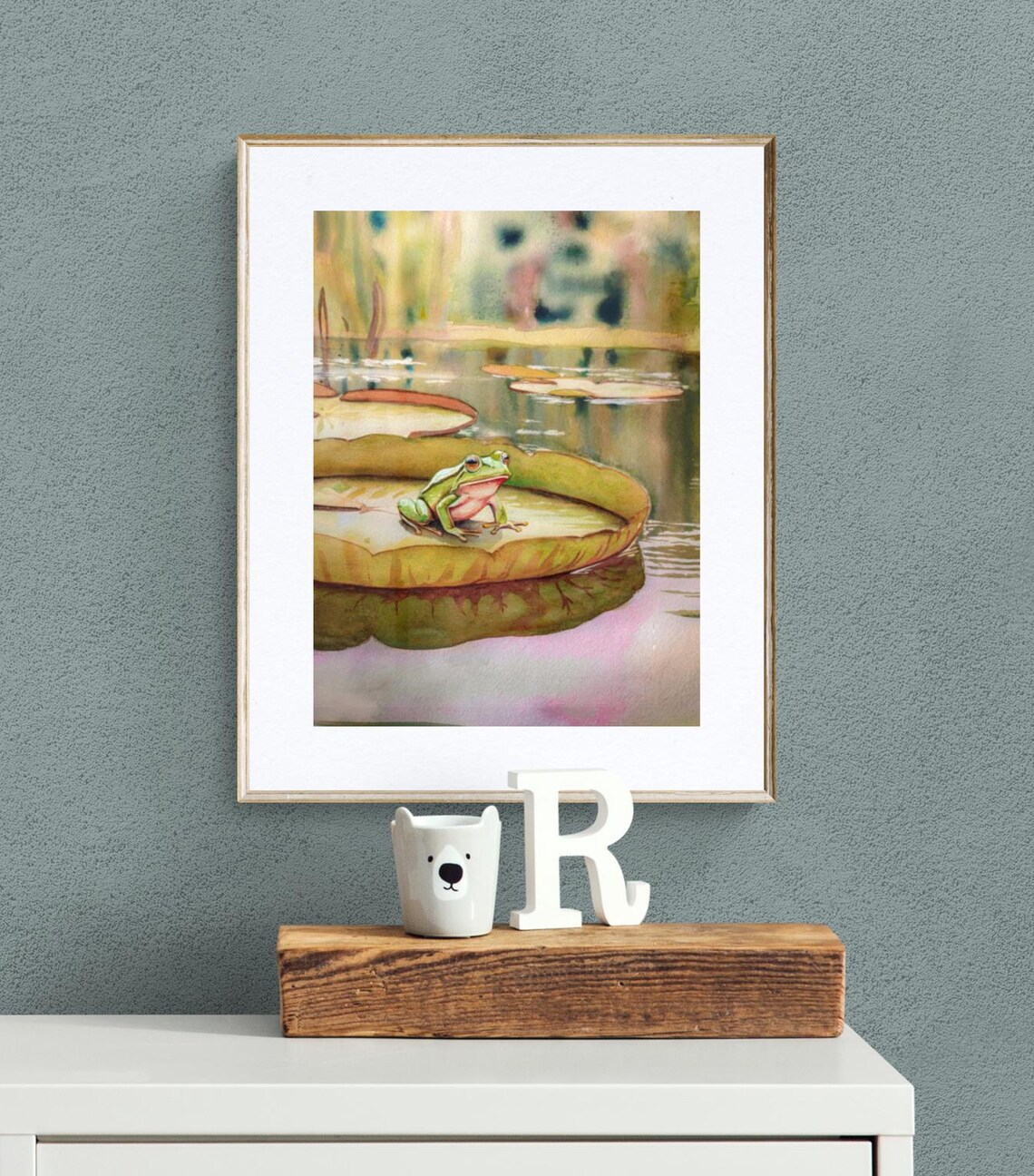 Green Frog on Lily Pad Watercolor Pond Nature Kids Room Poster - Image 3