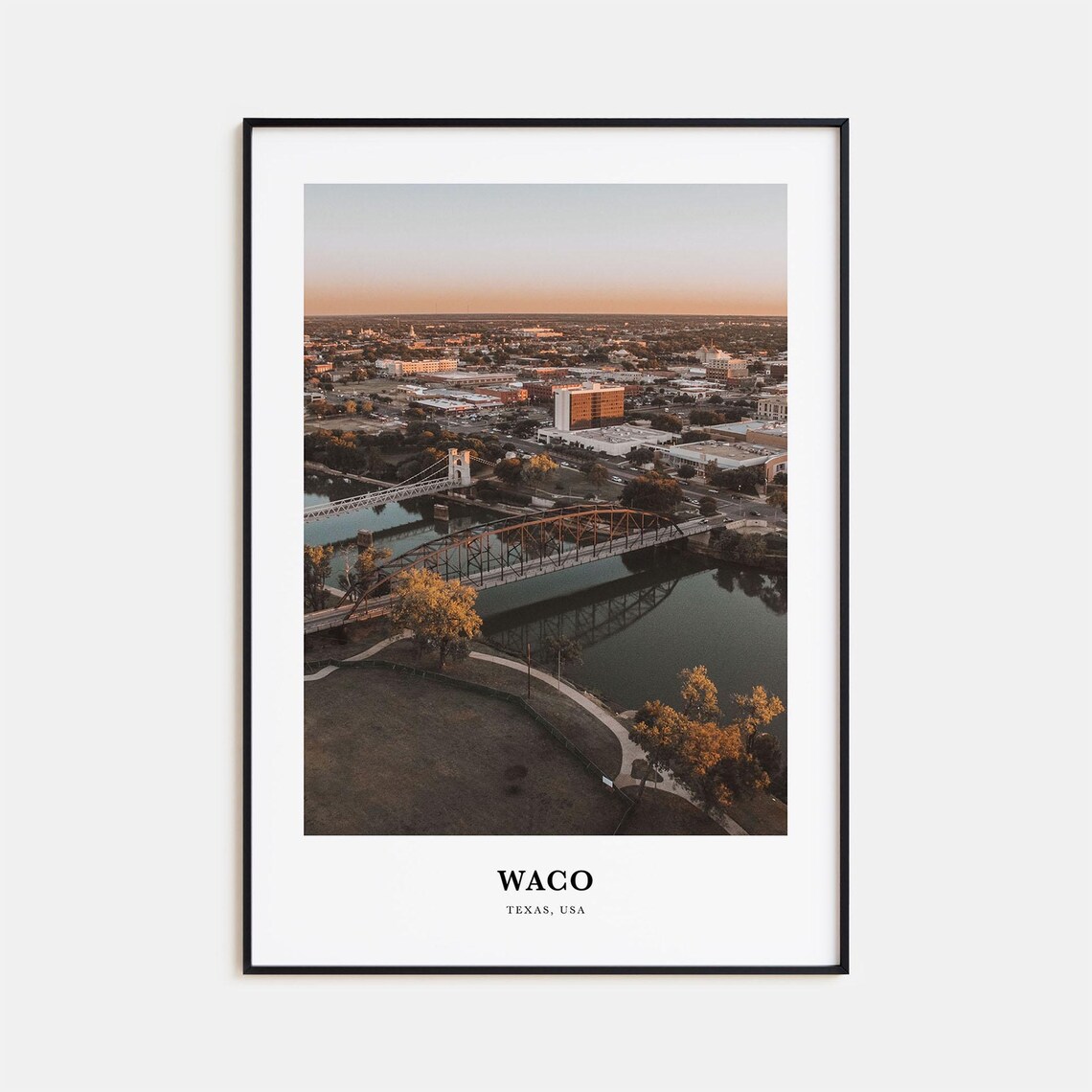 Waco Texas River Bridges Sunset Aerial Photography Travel Poster
