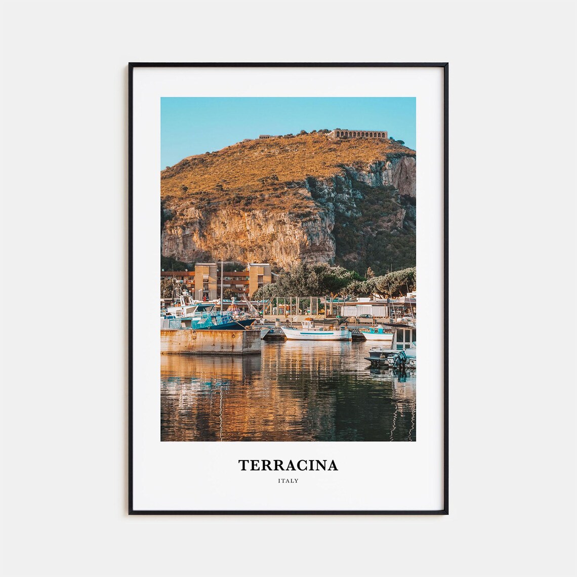 Terracina Italy Harbor Boats Cliffside Town Travel Photography Poster