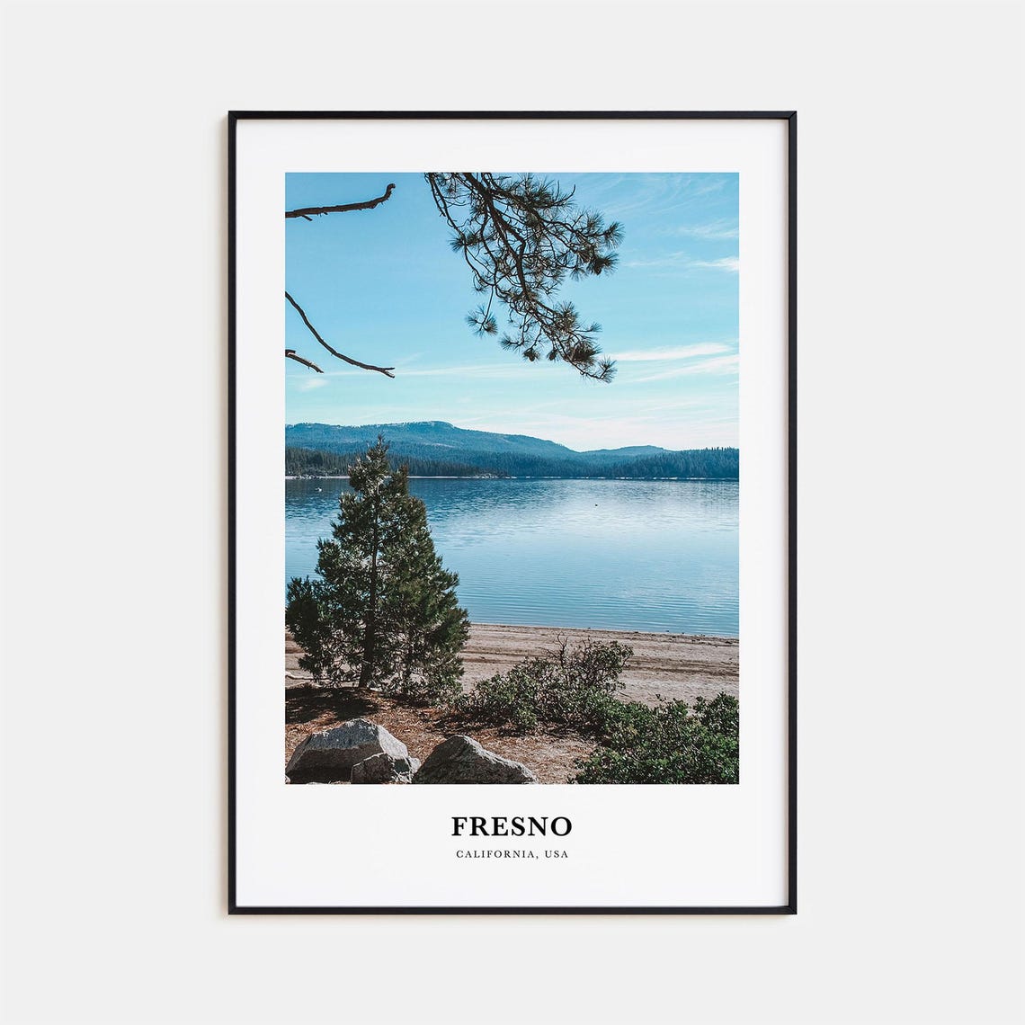 Fresno California Pine Lake Shoreline Mountain View Travel Poster