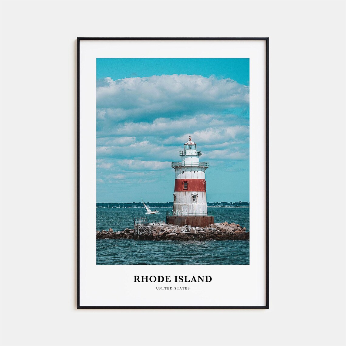 Rhode Island Coastal Striped Lighthouse On The Rocks Travel Poster