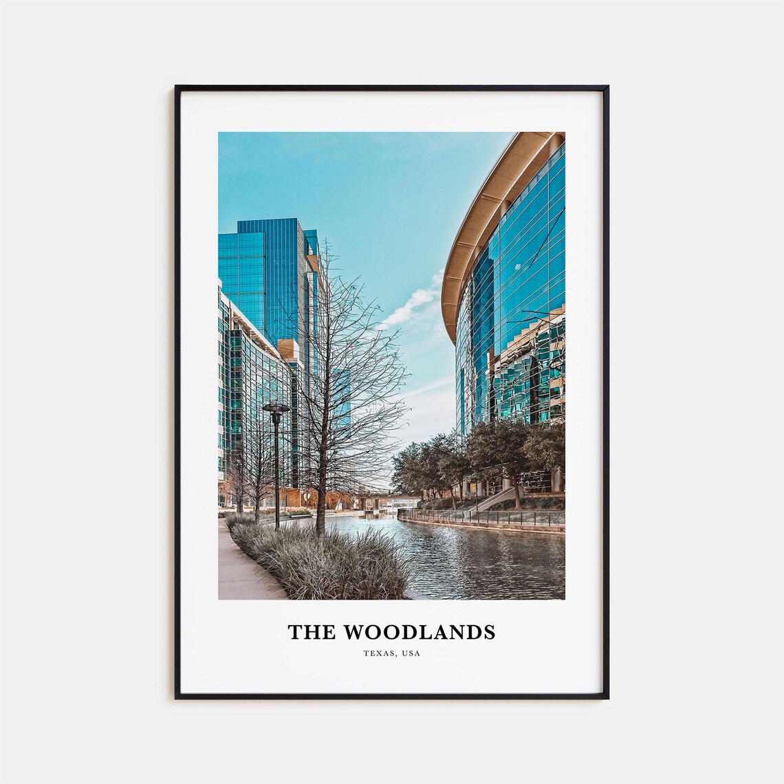 The Woodlands Texas Modern Glass Buildings Canal Travel Poster