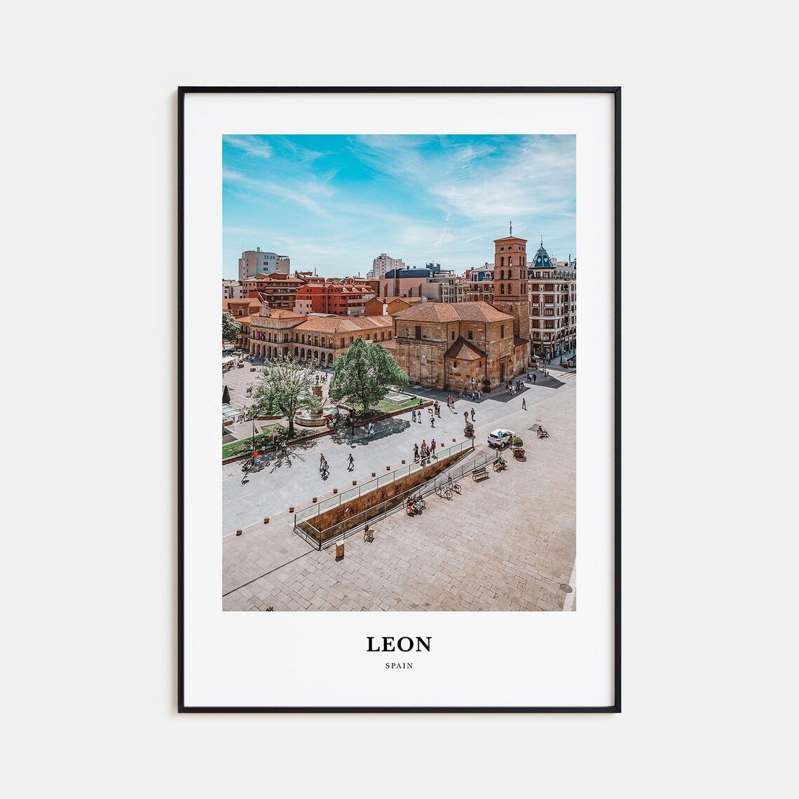 Leon Spain Sunny Busy Old Town Plaza Church Square Photo Poster