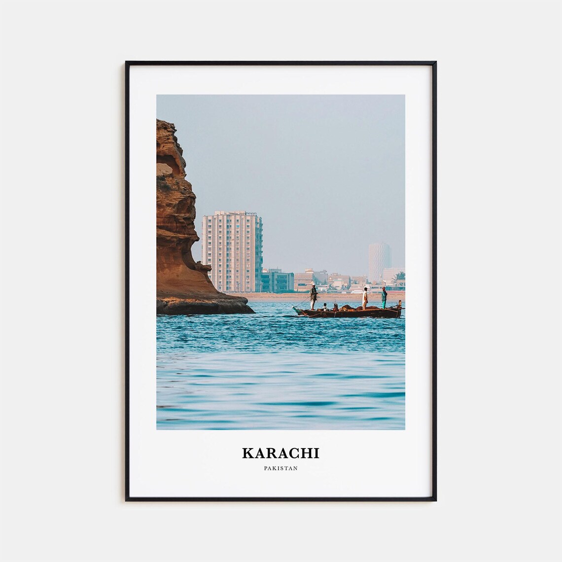 Karachi Pakistan Fishing Boat Rocky Cliff Calm Sea Travel Poster
