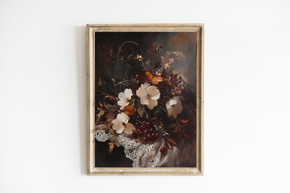 Vintage Autumn Bouquet Floral Still Life With Lace Dark Wall Poster
