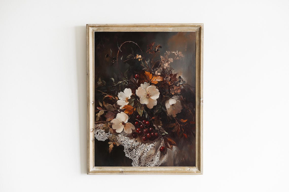 Vintage Autumn Bouquet Floral Still Life With Lace Dark Wall Poster