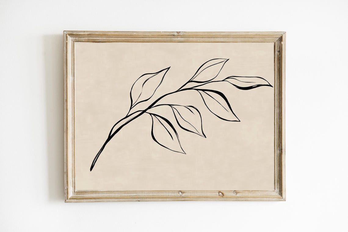 Minimal Black Line Botanical Leaf Branch Beige Background Poster