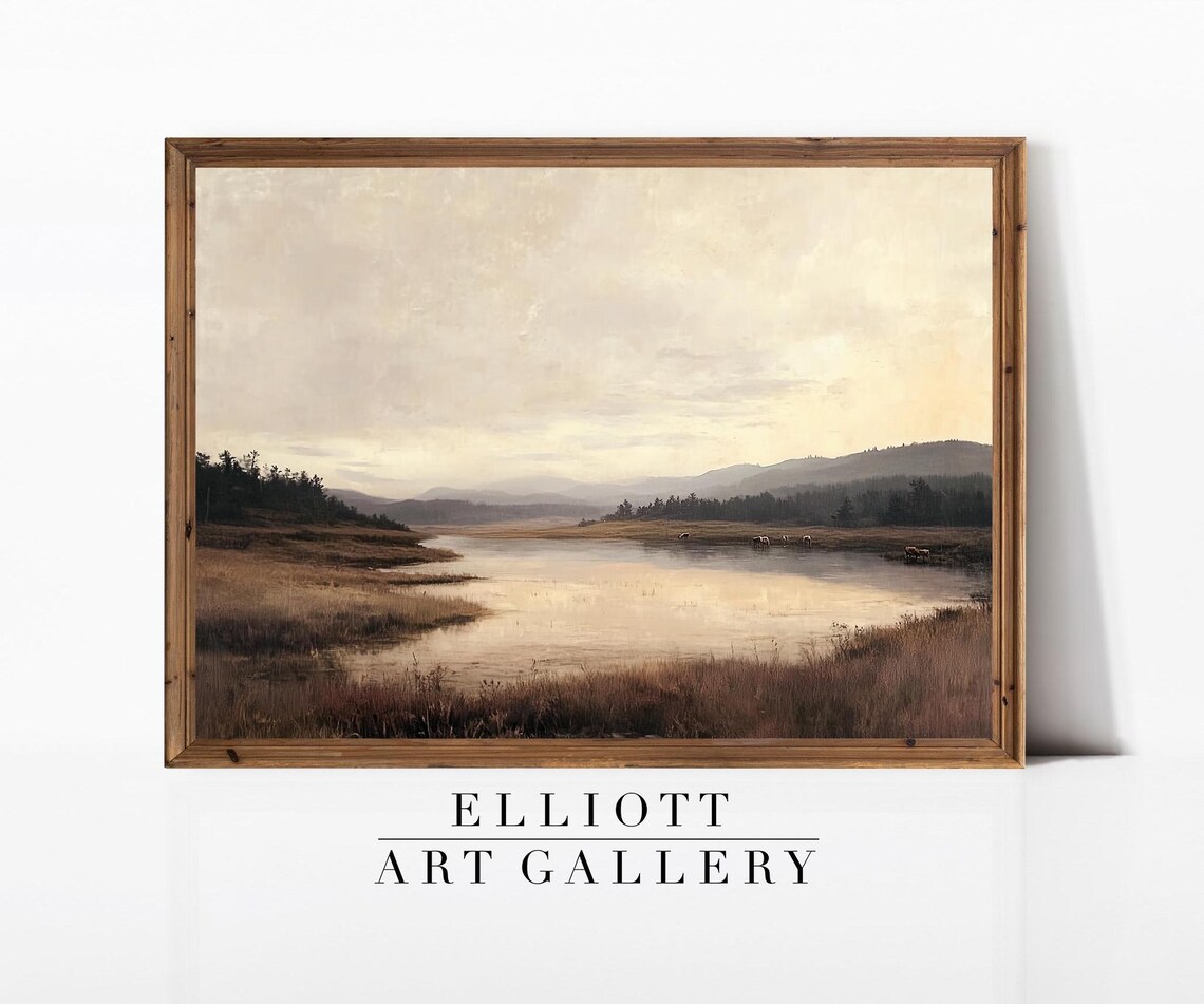 Rustic Cows Grazing by a Misty Lake Vintage Farmhouse Landscape Print