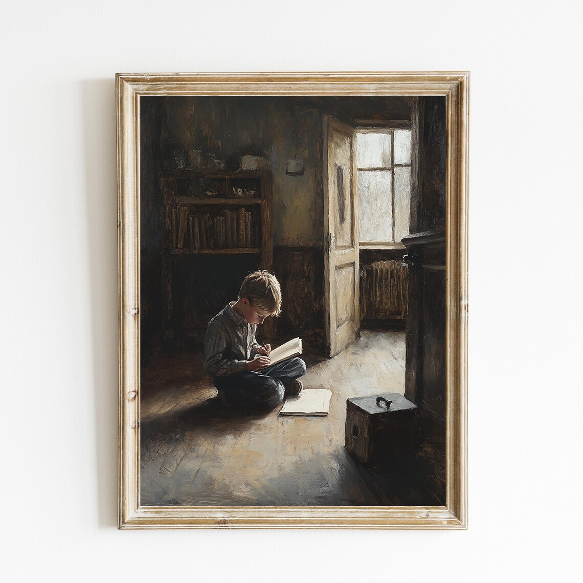 Vintage Oil Painting of a Young Boy Reading by a Window in a Dim Study Poster