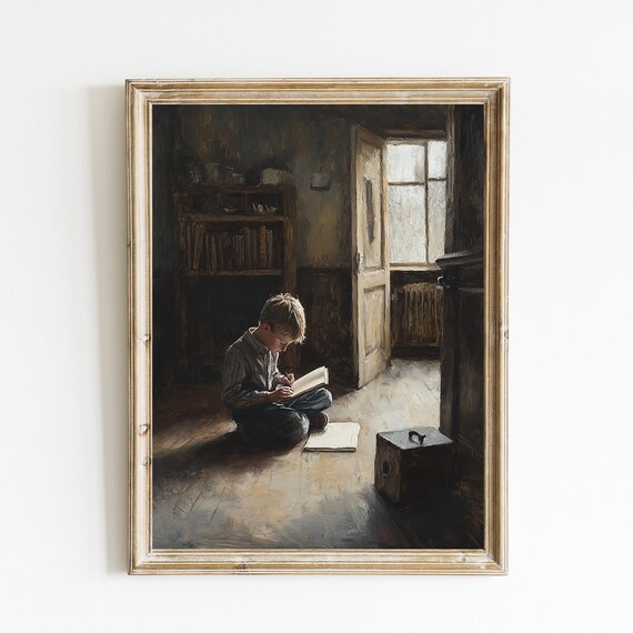 Vintage Oil Painting of a Young Boy Reading by a Window in a Dim Study Poster