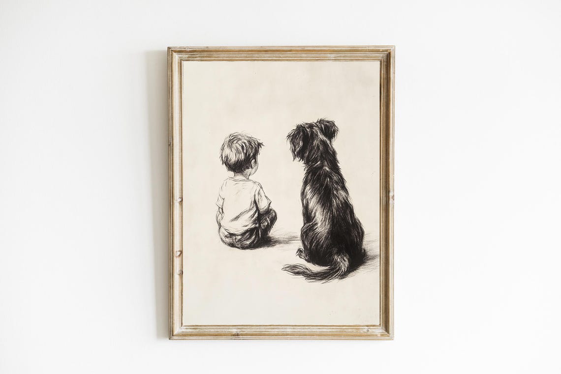 Boy And Dog From Behind Sketch Kids Room Neutral Wall Poster