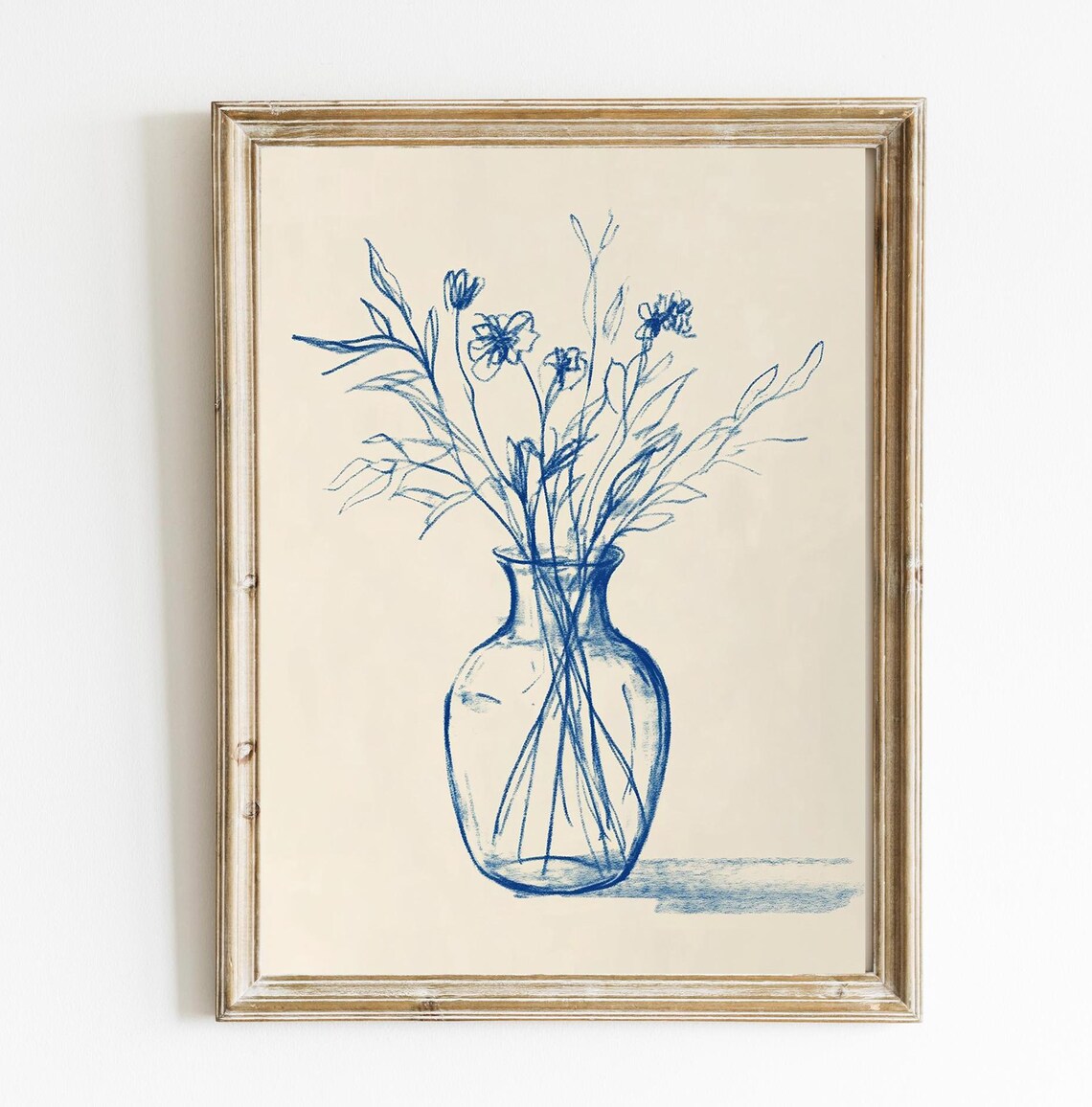 Blue Floral Sketch Botanical Still Life Vase Wildflower Art Poster