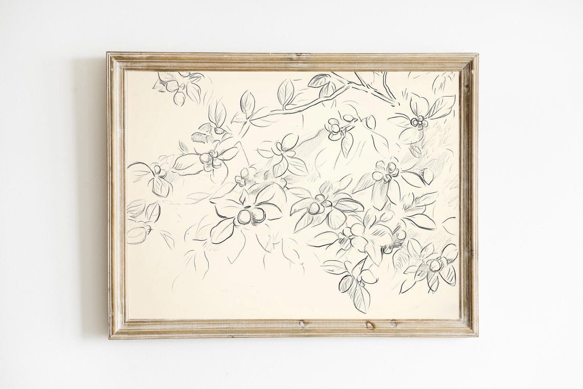 Minimalist Botanical Line Sketch Blossom Branch Drawing Print