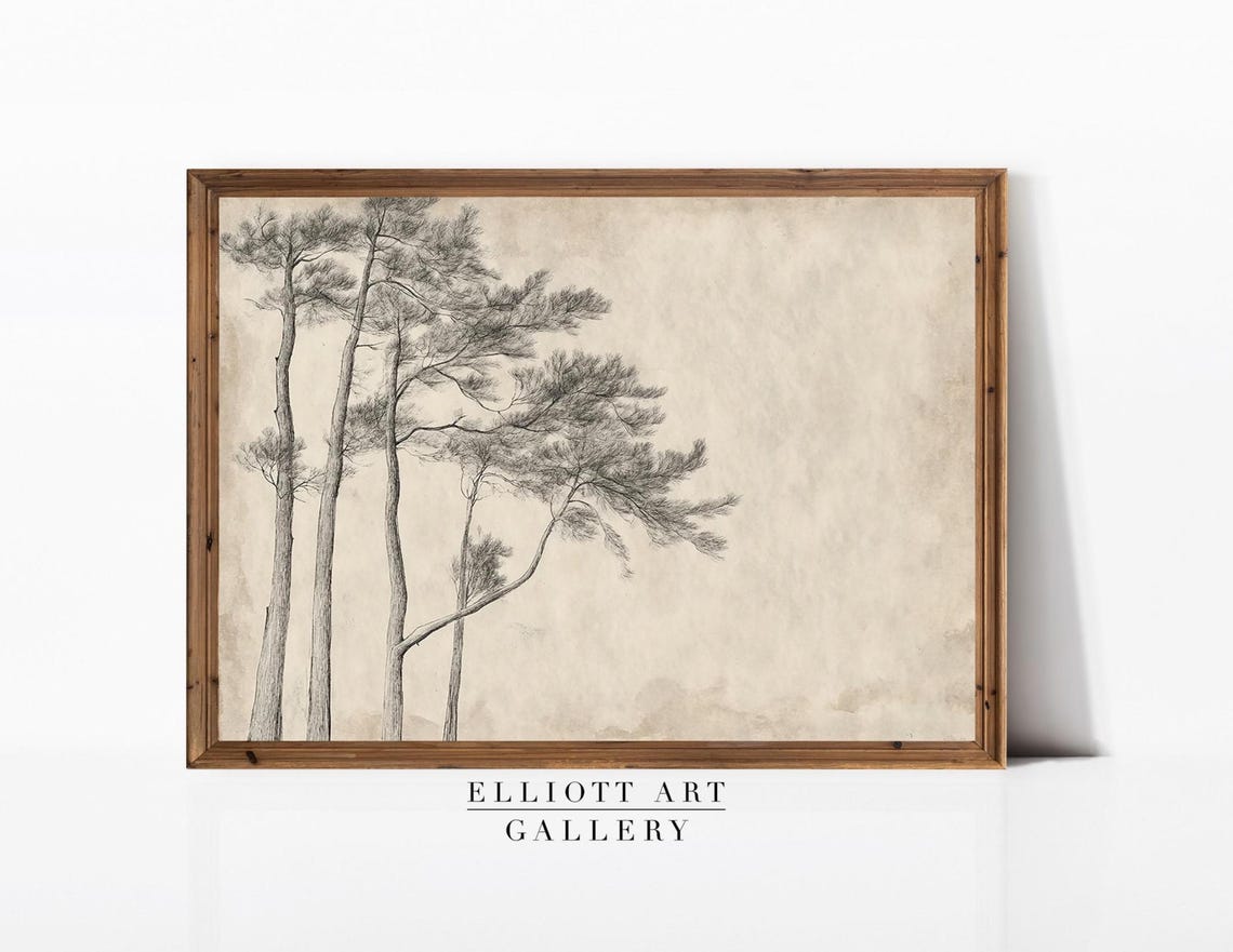 Neutral Tree Sketch Antique Rustic Forest Decor Vintage Minimal Art E765