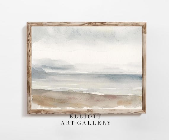 Moody Coastal Print Muted Seaside Painting Ocean Watercolor Neutral Decor E73