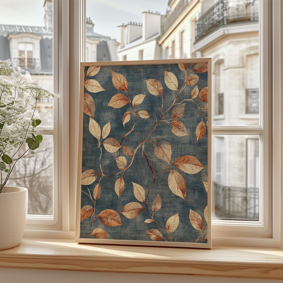 Golden Autumn Leaves on Navy Blue Vintage Textile Tapestry Print