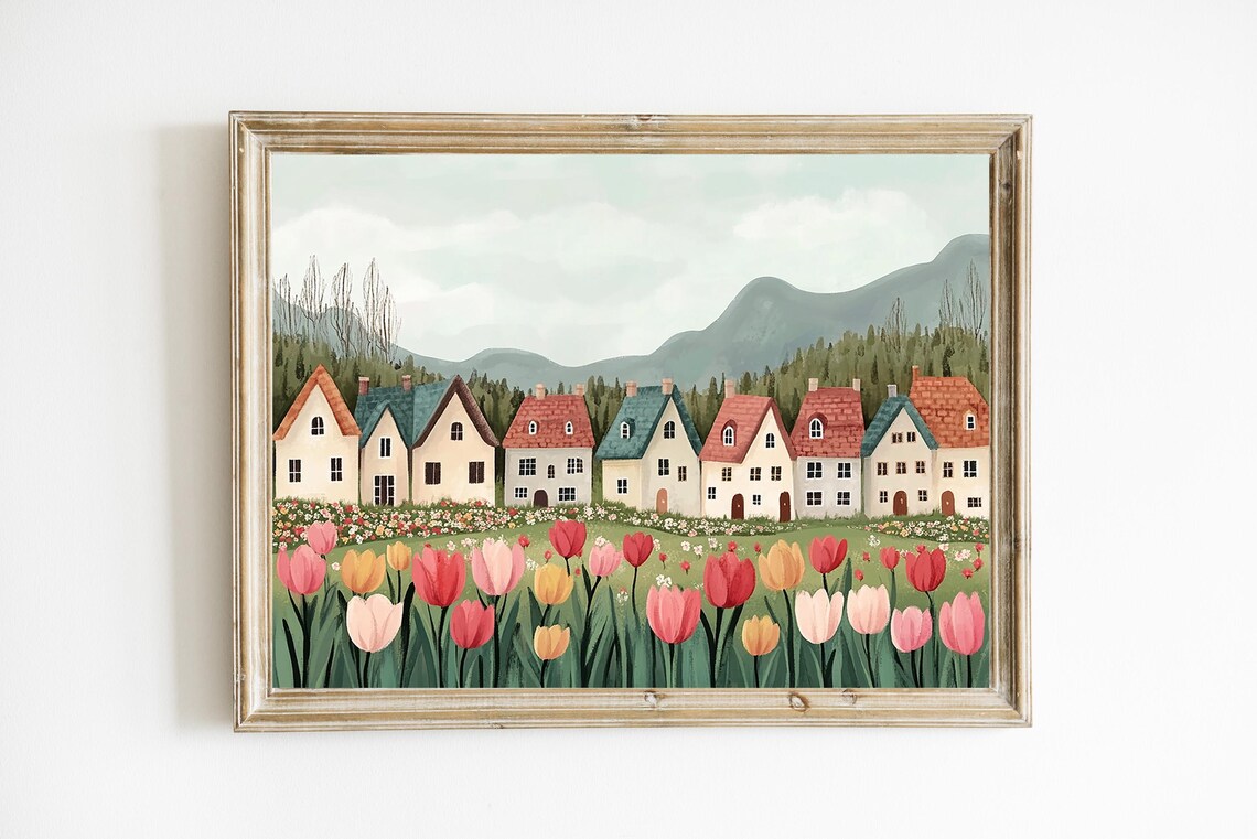 Whimsical Amsterdam Landscape, Farmhouse Art Print