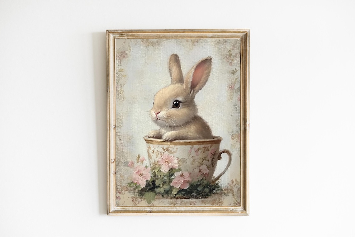 Vintage Baby Bunny Print, Spring Floral Nursery Art